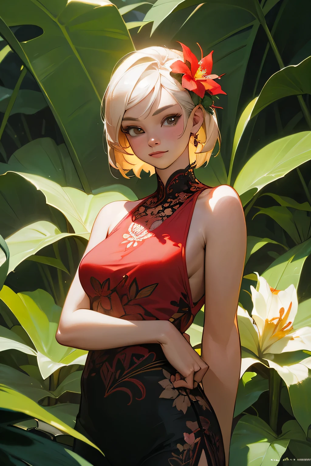 A beautiful photo of a woman wearing red tank top, at detailed summer tropical flower forest, subtropical flowers and plants, intricate, elegant, highly detailed, post-processing, digital painting, Harper's bazaar, concept art, sharp focus, illustration, soft smile,4K.