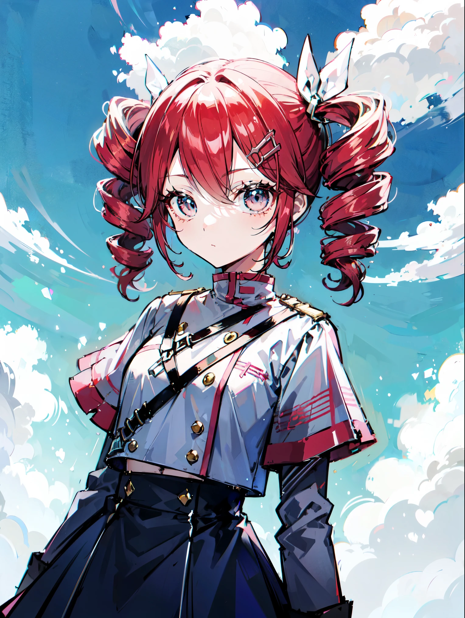 "cute, cute,1 girl, Short Twin Tails, Crimson Hair, Purple eyes,  She wears sky-themed clothing with clouds and sky motifs. Her outfit is fluffy and soft., Comes with hair clips and other accessories. She embodies the vibrant and trendy Harajuku fashion style.."