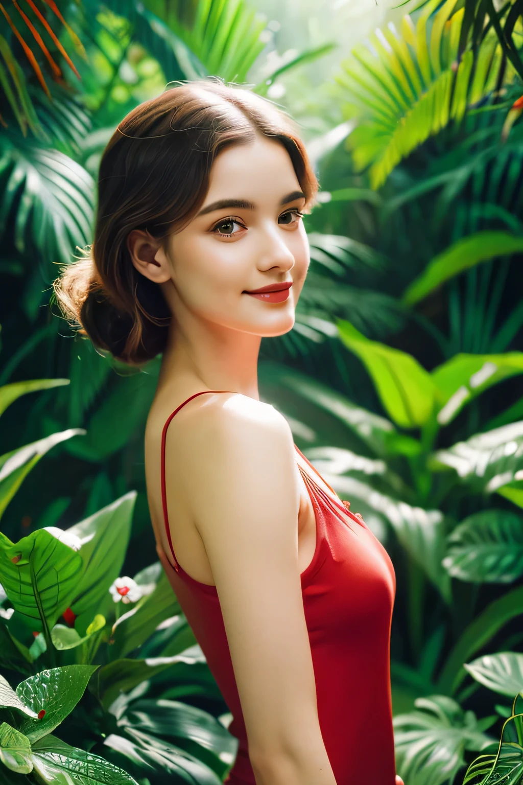 A beautiful photo of a woman wearing red tank top, at detailed summer tropical flower forest, subtropical flowers and plants, intricate, elegant, highly detailed, post-processing, digital painting, Harper's bazaar, concept art, sharp focus, illustration, soft smile,4K.