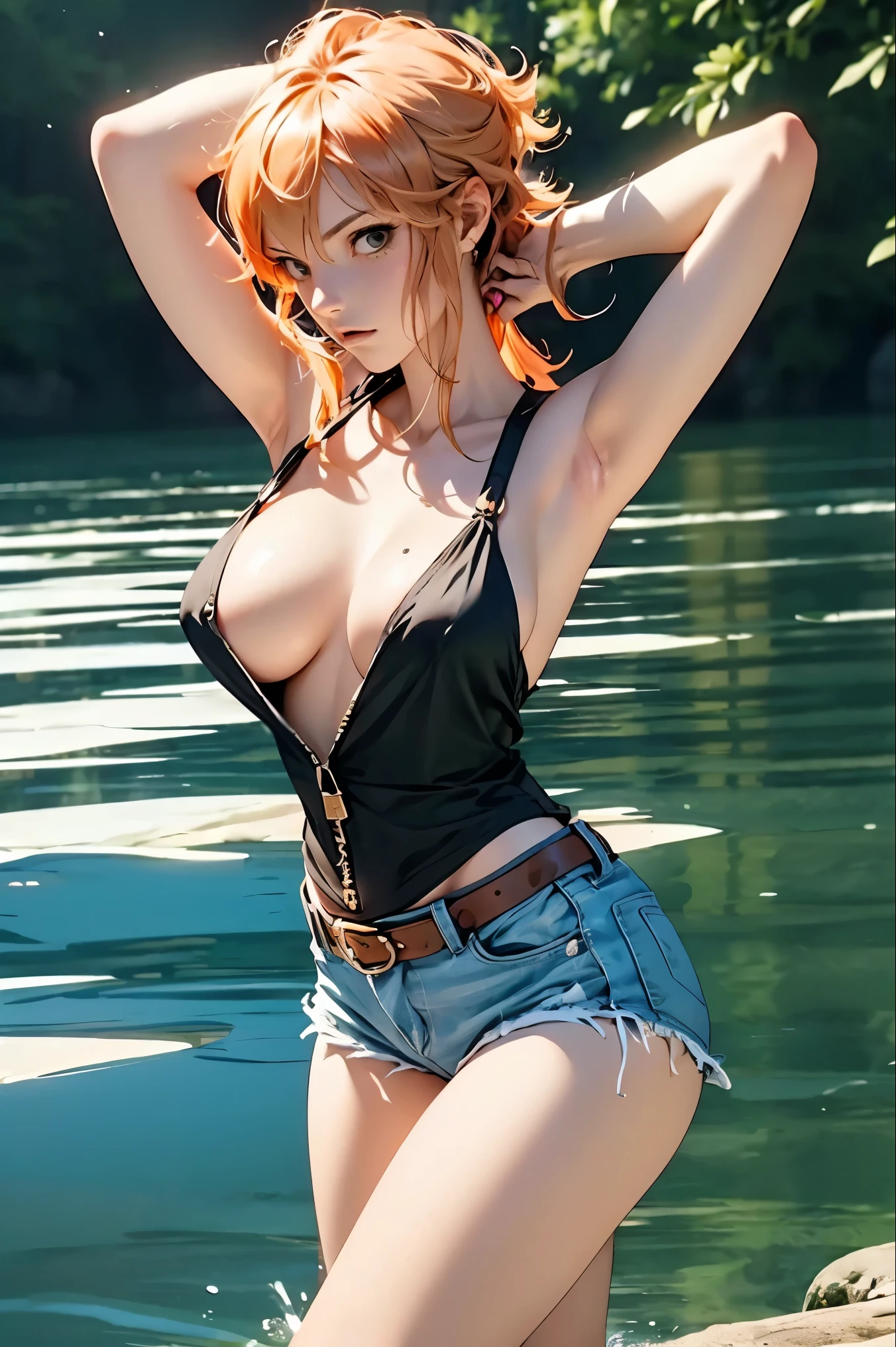 ((best quality)), ((masterpiece)), (detailed), ((One piece's Nami)), detailed skin, orange long hair, (very short jean shorts), ((super ???????????)), (pink ???????), (Shiny white skin), pirates, sea, mate, ((pirate ship)), very many golds, She is captured and ????? by the men, Trafalgar Law, Roronoa Zoro, The man spreads the woman's thighs and roughly sucks her ?????, ????????, hard ???.