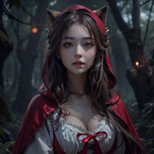 Standing in the forest、Hair flow、 ((highest quality、masterpiece、8k、Best image quality、Ultra-high resolution、Award-winning works)、(Accurate anatomy:1.1)、(Look at me and smile:1.1)、Shining fair skin with Ultra-high resolution、The most detailed face、Ultra-high resolution detailed face、Ultra-high resolutionの髪の毛、(Ultra-high resolution eye:1.1)、Beautiful face drawn in every detail、little red riding hood Costume , Chest to chest, Strange atmosphere, A real werewolf stares at her......, Dark Light, in the forest , Heavy makeup