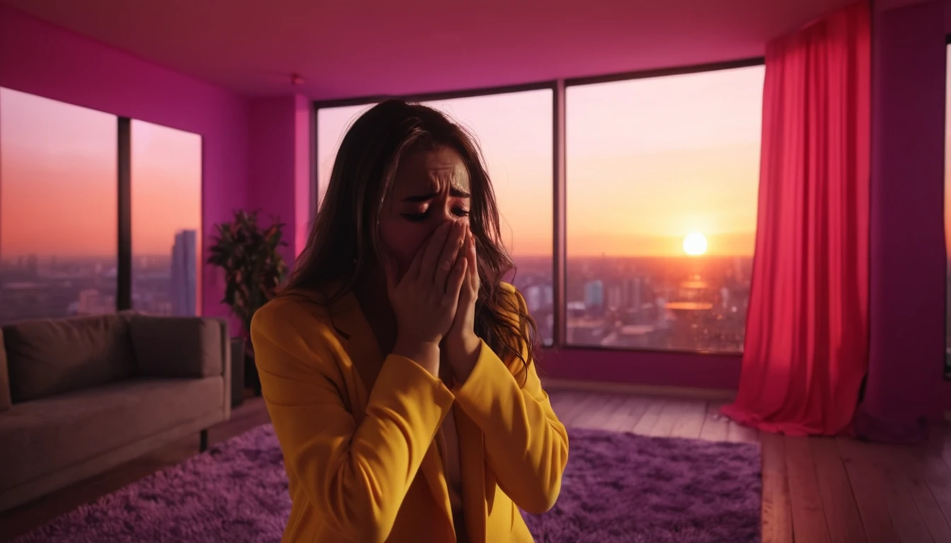 a woman crying in a stylish room at sunset, with city pop color tones.
