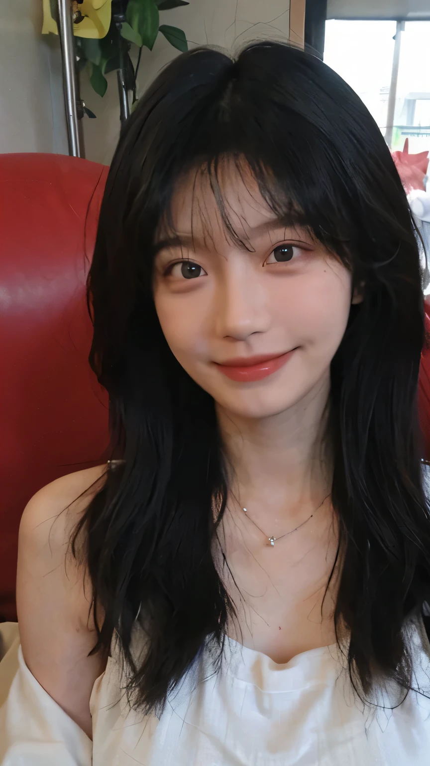 best quality, Ultra-high resolution, (Realistically:1.4),Cute hairpin,Baoyu Girl,European style apartment,A pair of clear and charming peach blossom eyes,Royal sisters,Sunshine on the face,Large Breasts,Big wavy hairstyle,(necklace:1.2),(White skin:1.4),a sense of atmosphere,A beautiful girl, Smile,Look directly at the audience, (lifelike:1.4),1 girl,Sexy,(Upper Body:1.4),(wet),(:1.2)