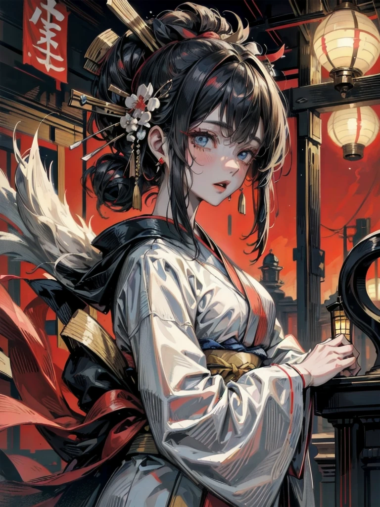 whole body, Anime character wearing a kimono costume, wearing aristocrat robe, in a kimono, wearing a haori, in a kimono, wearing black robe, Red earrings. Taisho Era, Taisho Modern, Modern kimono, absurdres, RAW photo, extremely delicate and beautiful, masterpiece, Best Quality, ultra high resolution, 32k, hyperrealistic, ultra-detailed, perfect figure, perfect shape, detailed description, pale skin, 20 years old, detailed beautiful face and eyes, tearful mole, earring, short medium hair, wavy hair,