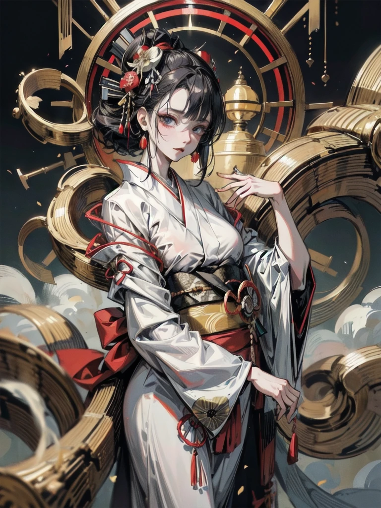 whole body, Anime character wearing a kimono costume, wearing aristocrat robe, in a kimono, wearing a haori, in a kimono, wearing black robe, Red earrings. Taisho Era, Taisho Modern, Modern kimono, absurdres, RAW photo, extremely delicate and beautiful, masterpiece, Best Quality, ultra high resolution, 32k, hyperrealistic, ultra-detailed, perfect figure, perfect shape, detailed description, pale skin, 20 years old, detailed beautiful face and eyes, tearful mole, earring, short medium hair, wavy hair,