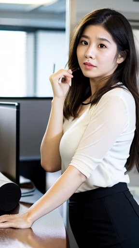 (Best quality, 8k, 32k, Masterpiece, UHD:1.2), 1 beautiful girl, ((close up:0.6)), beautiy Japanese office lady, (smile:0.5), (looking at the viewer), a bit chubby:0.65, grey suit, grey mini skirt, white shirt, office room, desk, detailed beautiful face, pony-tail hair, from below,