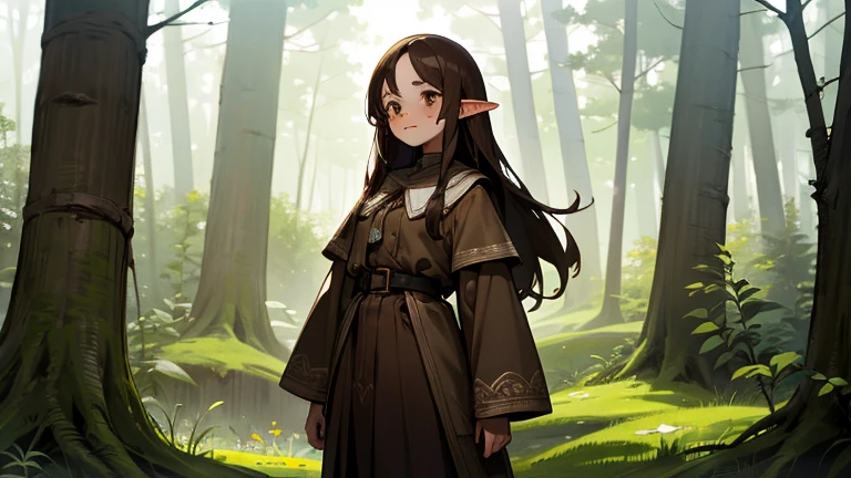 Elf Girl, Long brown hair, Brown eyes, freckles, Brown clothes in the forest, whole body