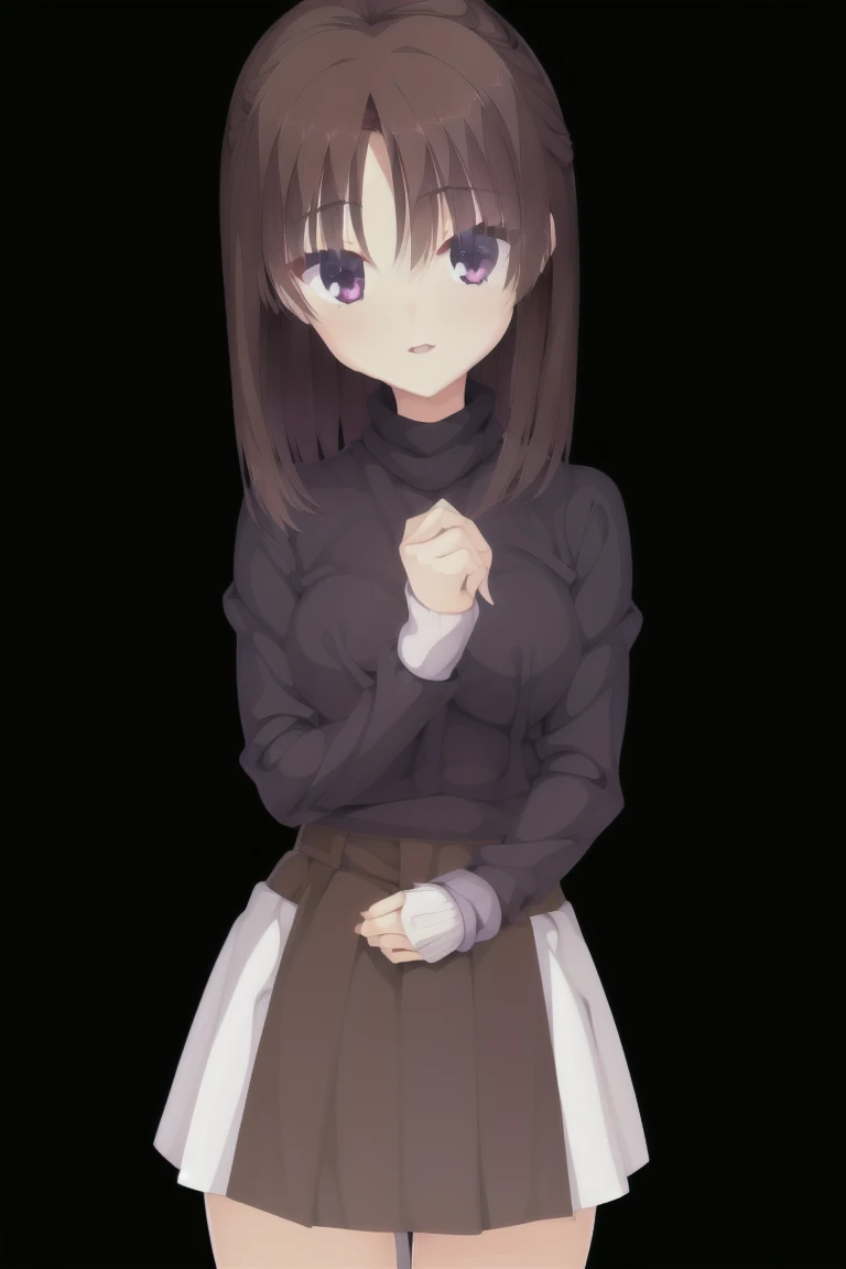 1girl,solo, Solo Girl, 20-year-old,Medium Hair, Dark brown hair, 茶色のeye, Mid-chest, Happy,White, Turtleneck sweater,Maxi Skirt , stockings,highest quality, High resolution, 非常にdetailed, detailedな背景, expensive_solve, clear_image, expensive_Contrast, 8k, Sparkling, beautiful_detailed_face_and_eye, (Dark Brown Hair:1.25), 白 eye,