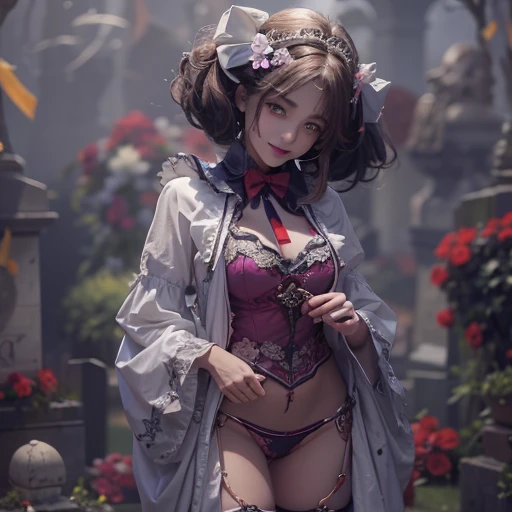Standing in the grave、Hair flow、 ((highest quality、masterpiece、8k、Best image quality、Ultra-high resolution、Award-winning works)、(Accurate anatomy:1.1)、(Look at me and smile:1.1)、Shining fair skin with Ultra-high resolution、The most detailed face、Ultra-high resolution detailed face、Ultra-high resolutionの髪の毛、(Ultra-high resolution eye:1.1)、Beautiful face drawn in every detail、Cheerful clown costume, Chest to chest, Strange atmosphere, Ghosts flow, Dark Light, At the cemetery, Heavy makeup