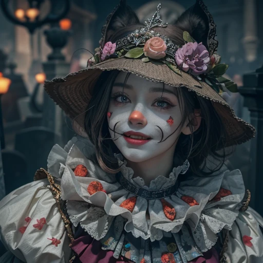 Standing in the grave、Hair flow、 ((highest quality、masterpiece、8k、Best image quality、Ultra-high resolution、Award-winning works)、(Accurate anatomy:1.1)、(Look at me and smile:1.1)、Shining fair skin with Ultra-high resolution、The most detailed face、Ultra-high resolution detailed face、Ultra-high resolutionの髪の毛、(Ultra-high resolution eye:1.1)、Beautiful face drawn in every detail、Cheerful clown costume, Chest to chest, Strange atmosphere, Ghosts flow, Dark Light, At the cemetery, Heavy makeup