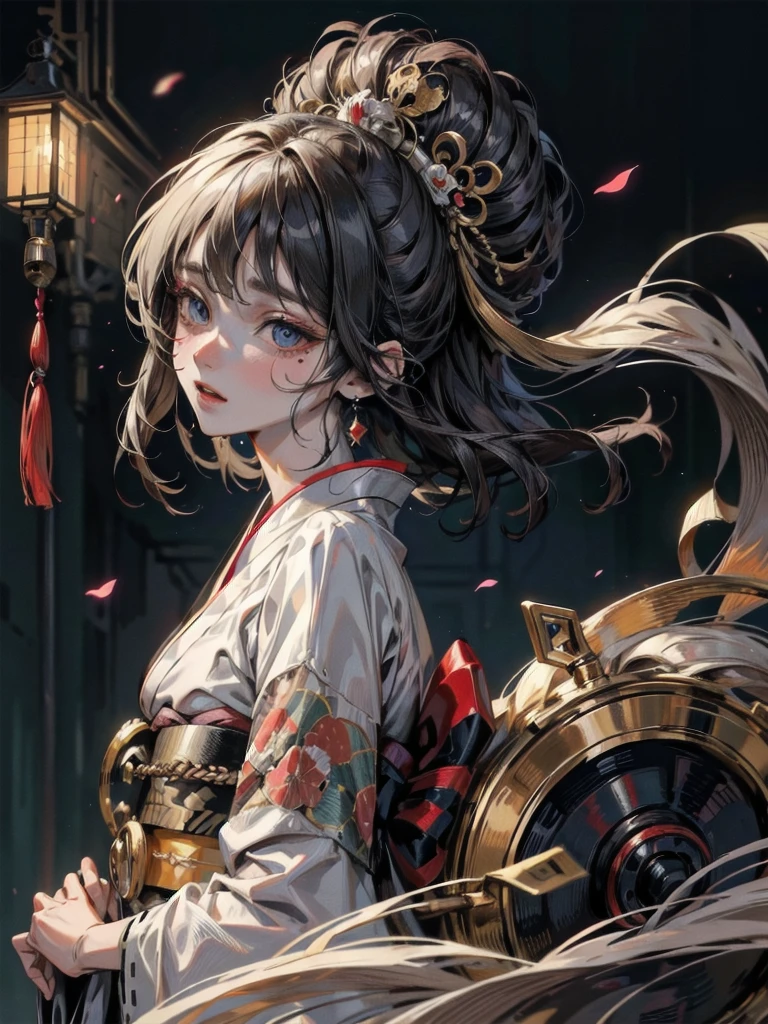 whole body, Anime character, aristocrat robe, kimono, haori, Taisho Era, Taisho Modern, absurdres, RAW photo, extremely delicate and beautiful, masterpiece, Best Quality, ultra high resolution, 32k, hyperrealistic, ultra-detailed, perfect figure, perfect shape, detailed description, pale skin, 20 years old, detailed beautiful face and eyes, tearful mole, earring, short medium hair, wavy hair,
