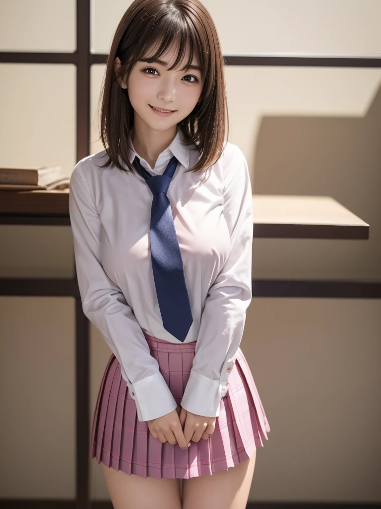 8K, highest quality, The real picture, Intricate details, Very detailed, Ultra-high resolution, Depth Field,(Realistic,Realistic:1.2),Tabletop , (Full Body Shot) , From the middle , 1 girl, eye_Chan, Very beautiful 17 year old girl, innocent big eyes,、Beautiful breasts:1.5、非常に詳細なeye:1.2)、(Beautiful breasts:1.1)、((Brown Hair))、(Short Bob Hair), Asymmetrical bangs, Perfect Skin, Fair skin, Small breasts, Tight waist, alone, Staring at the audience, (smile)、((School_uniform), (White shirt、Wear a tie), (Blue and pink checkered pleated micro mini skirt), ((Fold your arms in front of your chest and act arrogantly)), ((楽しそうなsmile)), ((Perfect hand shape))