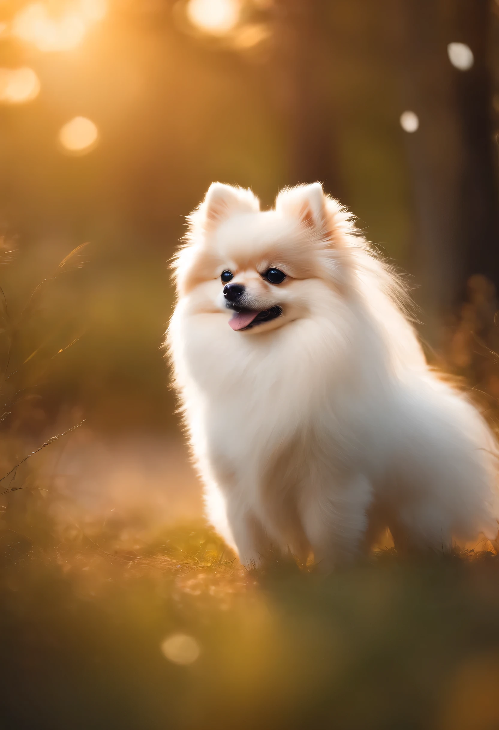 highest quality、Super detailed、In detail、 High resolution、8k wallpaper、Perfect dynamic composition、masterpiece, 4K, Bokeh, cute、White long haired pomeranian