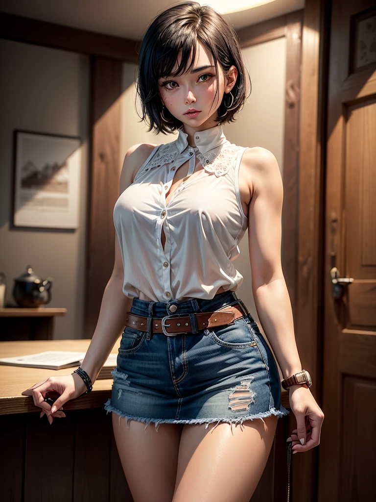 ((One Woman, 27 years old)),(( alone:1.5)),Black Short Hair,((Watch on wrist:1.2)),((White Sleeveless Blouse:1.2)),(Denim mini skirt:1.2,Tea belt:1.2),Red cheeks:1.2, Night Light, 8k, masterpiece:1.2, Very detailed, Realistic:1.37, Full HD, Background of Japanese-style room at night,Cowboy photographed from the front,Are standing