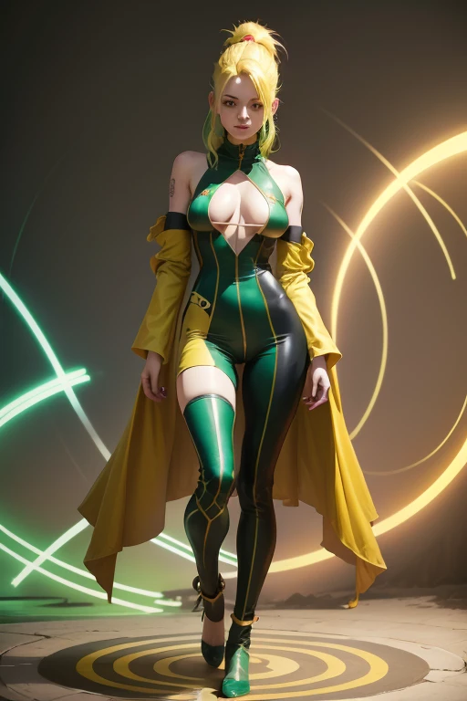Rogue xmen unsing roupa original full body in foot circle, fantasy, style green and yellow suit, red and white hair,