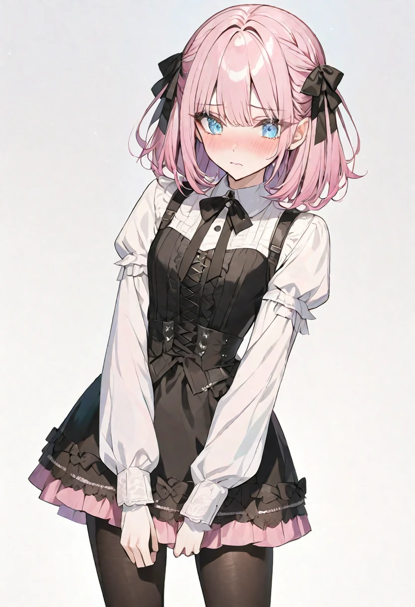 solo, handsome, 1. Female,Straight medium hair, black pink hair,Light Blue eyes,Soft look,Lolita,mini skirt,tights,Stylish,skin,Embarrassed,White background