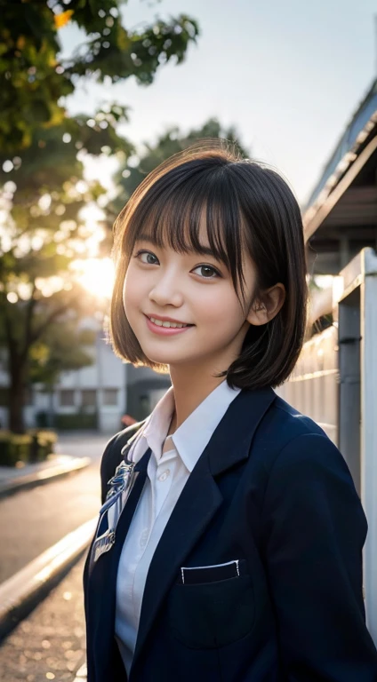 (highest quality,8K quality,masterpiece:1.3),(Ultra-high resolution,Photorealistic:1.4,RAW Photos),(Very detailed,Caustics,Detailed Background),(Ultra-Realistic Capture,Beautiful and detailed skin,Perfect Anatomy),At dusk,Sunset sky,School building,Schoolyard,18-year-old,cute,single eyelid,Black short bob,School blazer uniform,Looking at the camera,Laughter,Bust up shot,Natural soft light、Naturally Beautiful Girl、pure white、Transparency、lover