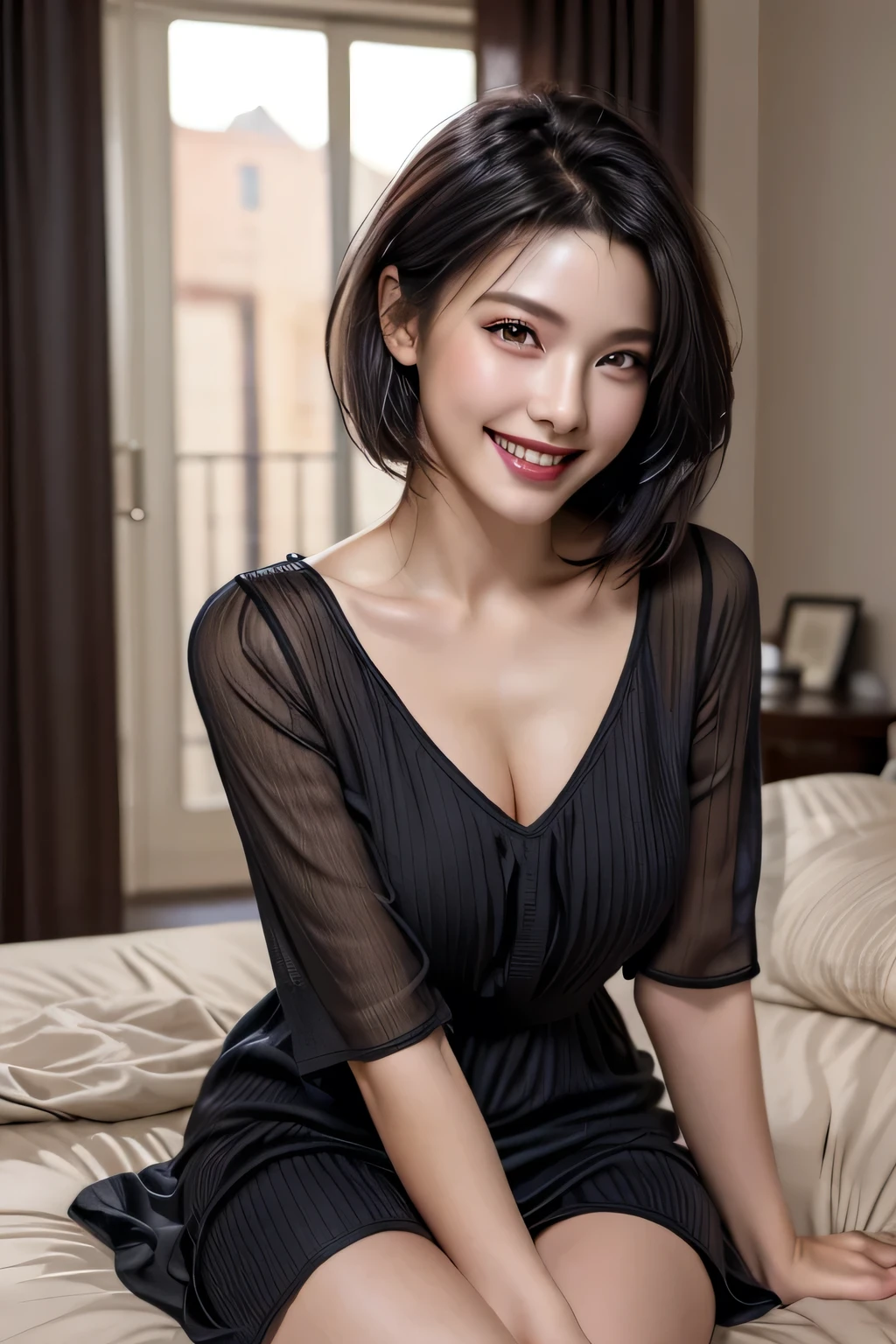 (Photorealistic:1.2), (Very detailed), (highest quality), (masterpiece), Ultra-high resolution, (1 Ultimate Beauty), middle aged, Very detailedな顔, double eyelid, eyelash, Beautiful Teeth, Lip details, Short black hair, (Colorful Casual Dresses), Grin, Thighs, Perfect lighting, With background: (Room at home)