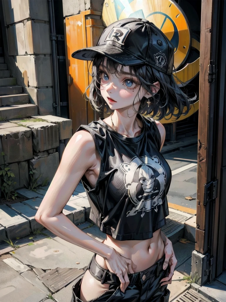 whole body, Anime character, stylish girl, fashion, baseball cap, black t-shirt, baggy cargo pants, gravure, absurdres, RAW photo, extremely delicate and beautiful, masterpiece, Best Quality, ultra high resolution, 32k, hyperrealistic, ultra-detailed, perfect figure, perfect shape, detailed description, pale skin, 20 years old, detailed beautiful face and eyes, tearful mole, earring, short medium hair, wavy hair,