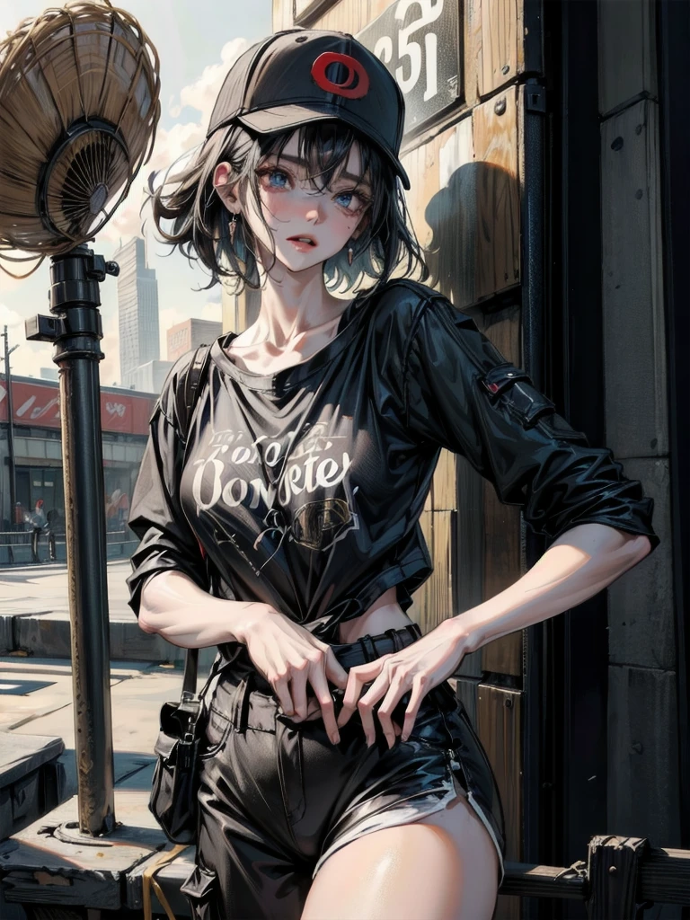 whole body, stylish girl, fashion, baseball cap, black t-shirt, baggy cargo pants, gravure, absurdres, RAW photo, extremely delicate and beautiful, masterpiece, Best Quality, ultra high resolution, 32k, hyperrealistic, ultra-detailed, perfect figure, perfect shape, detailed description, pale skin, 20 years old, detailed beautiful face and eyes, tearful mole, earring, short medium hair, wavy hair,