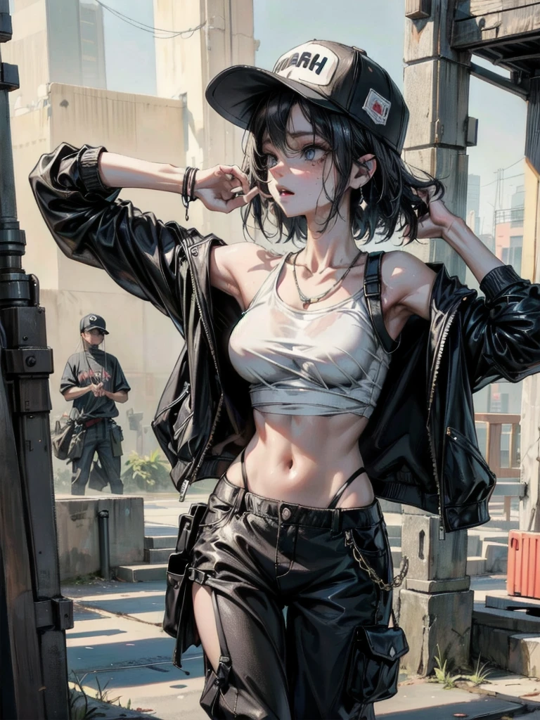 whole body, Anime character, stylish girl, fashion, baseball cap, black t-shirt, baggy cargo pants, gravure, absurdres, RAW photo, extremely delicate and beautiful, masterpiece, Best Quality, ultra high resolution, 32k, hyperrealistic, ultra-detailed, perfect figure, perfect shape, detailed description, pale skin, 20 years old, detailed beautiful face and eyes, tearful mole, earring, short medium hair, wavy hair,
