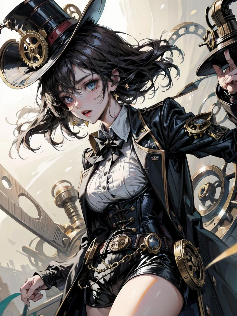 whole body, Anime character, steampunk fashion, corset, waistcoat, high-collared blouse, top hat with mechanical gears, absurdres, RAW photo, extremely delicate and beautiful, masterpiece, Best Quality, ultra high resolution, 32k, hyperrealistic, ultra-detailed, perfect figure, perfect shape, detailed description, pale skin, 20 years old, detailed beautiful face and eyes, tearful mole, earring, short medium hair, wavy hair,