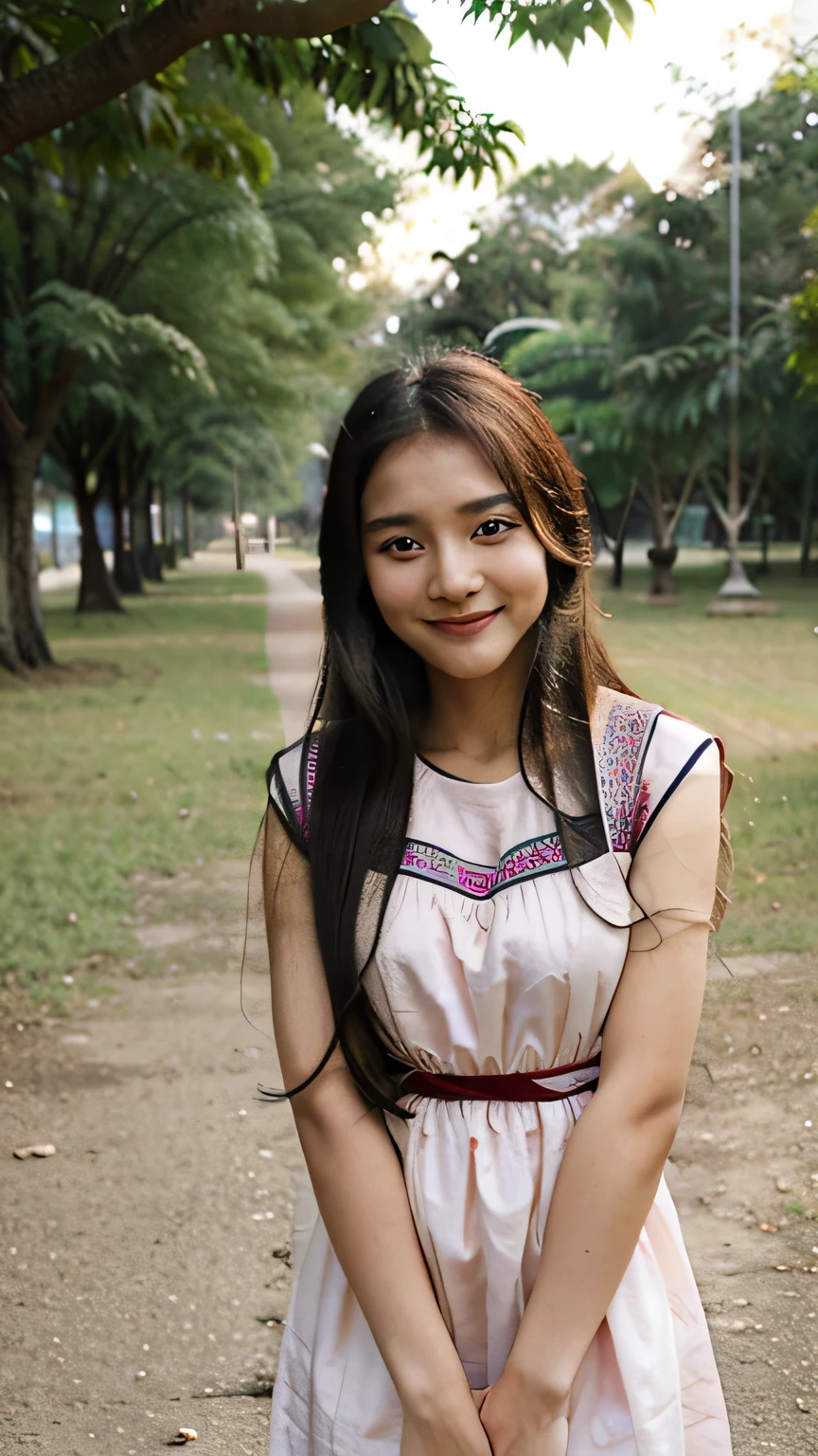 beautiful myanmar girl, tradditional myanmar dress, long hair, smiling, in the park