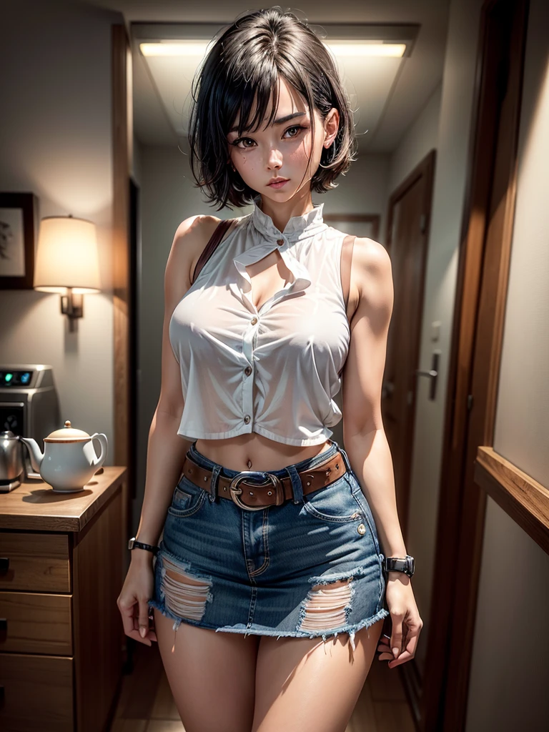 ((One Woman, Age 35)),(( alone:1.5)),Black straight hair,(((Slim body:1.2))),((Small breasts:1.2)),((Watches on both wrists:1.3)),((A white, tight-fitting short-sleeved shirt with rolled up sleeves:1.2)),(Brand new denim mini skirt:1.3),(Tea belt:1.2),((Alluring face:1.2)),((Big droopy eyes:1.0)), ((Open your mouth:1.0)),(((Hiccups don't stop:1.2))),Night Light, 8k, masterpiece:1.2, Very detailed, Realistic:1.37, Full HD, Background of Japanese-style room at night,Cowboy photographed from the front,Are standing,((drinking:1.2))