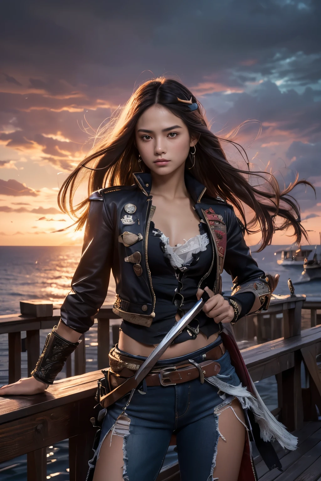 (Ultra quality:1.2), (Ultra detailed:1.2), (Ultra detailed clothes:1.2), (Ultra detailed face:1.2), (Ultra detailed eyes:1.2), (Ultra detailed body:1.2), (Ultra detailed weapons:1.2), young pirate girls, standing on the deck, torn clothes, different hair colors, sword fights, battlefield in the background, fire in the background, night, epic light, dramatic sky