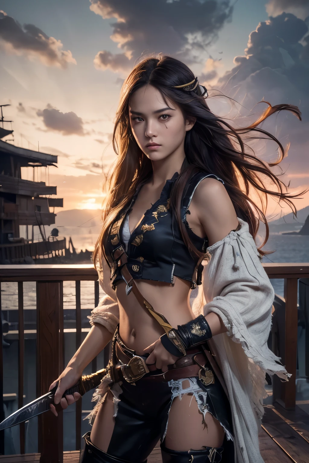 (Ultra quality:1.2), (Ultra detailed:1.2), (Ultra detailed clothes:1.2), (Ultra detailed face:1.2), (Ultra detailed eyes:1.2), (Ultra detailed body:1.2), (Ultra detailed weapons:1.2), young pirate girls, standing on the deck, torn clothes, different hair colors, sword fights, battlefield in the background, fire in the background, night, epic light, dramatic sky