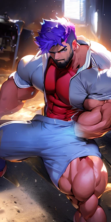 (masterpiece, best quality), 1boy, younge boy,Shyness blush,musculous, short blue-purple hair, Dark gray eyes, complex, (dress room), full bodyesbian, White baseball uniform, Open light purple jacket, Pectoralis abdominal muscles,vivd colour,(depth of fields:1.2),(abs),Be red in the face,looking at viewert,A piano,spread their legs,neonlight,Colorful light effects,Fluorescent effects, huge bulge