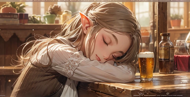 A young-looking female elf in her 40s peacefully napping in a tavern, intricate detailed portrait, beautiful detailed eyes, beautiful detailed lips, extremely detailed face, long eyelashes, beautiful elf features, serene expression, cozy tavern interior, wooden furniture, warm lighting, soft textures, muted color palette, digital painting, concept art style, cinematic lighting, photorealistic, 8k, high resolution, masterpiece, There are a few people around, and they are toasting with beer mugs. She is napping.