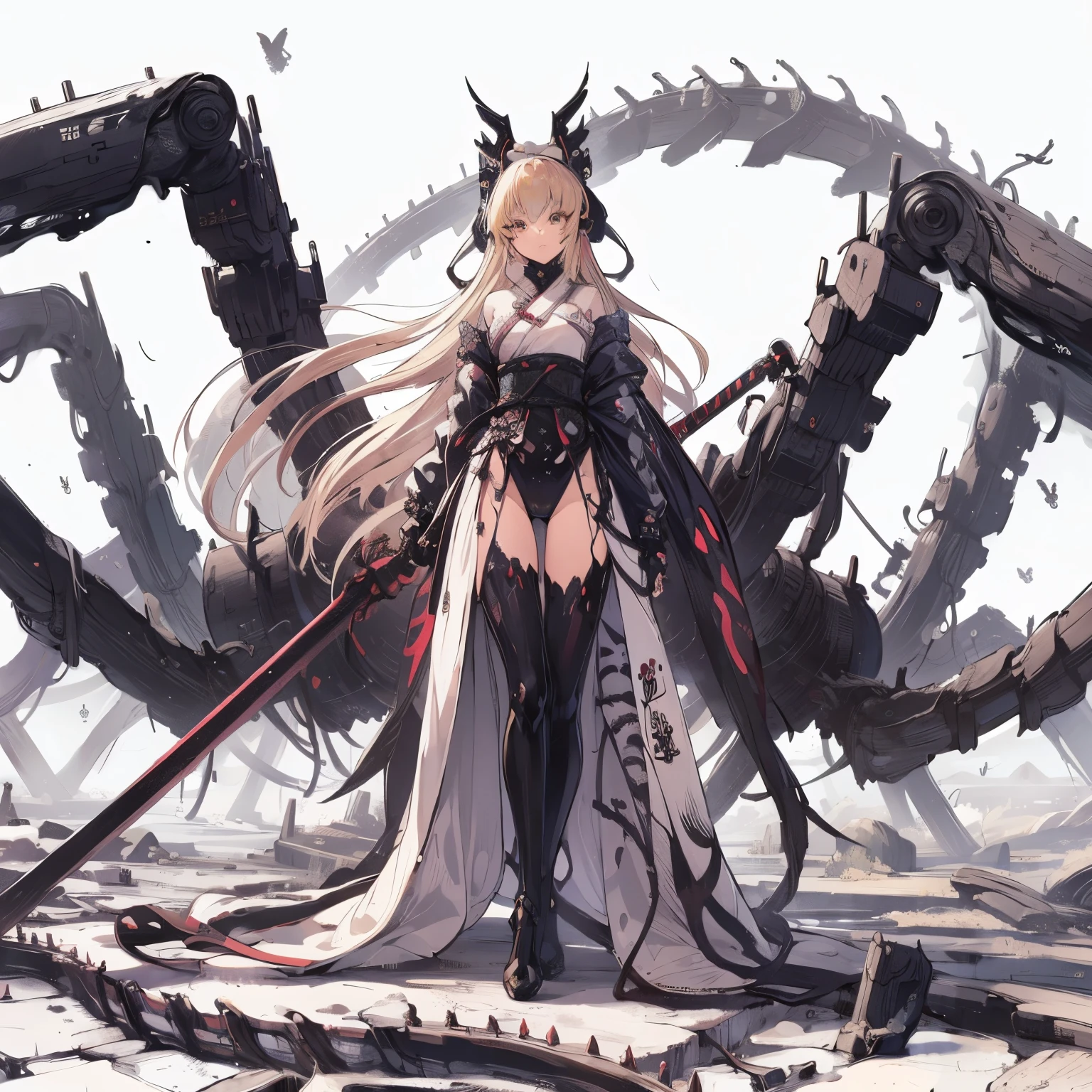 (Tabletop, highest quality), (Perfect female body:1.2), Super detailed, Anime Style, alone, Priestess Wearing a Cyber Dress、With a huge sword, Cyberpunk Ninja Girl, Ash Blonde Hair, A giant, branched centipede tail, White Background, whole body. Standing in the Wilderness