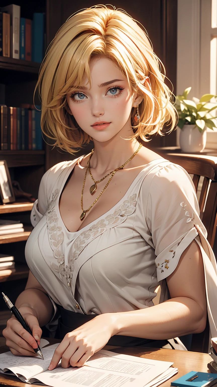 (masterpiece: 1.2, highest quality), Realistic, (Realistic Picture, Intricate details, Depth of written boundary), highest quality, masterpiece, Very detailed, Semi Realistic, 1 girl, Mature Woman, 21 years old, Blonde Short Hair, The left eye is covered with hair, blue eyes, King's Clothes, Red Cape, Slim figure, A crown made of precious gold, Document reading and markup, Goose hair pen, Office Table, Soft bench