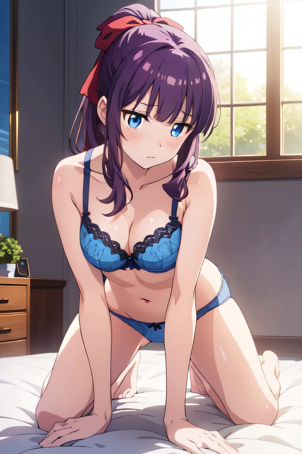 Confused, High resolution, (Official Art, beautiful), Very detailed, takimoto hifumi, Long Hair, blue eyes, ponytail, Purple Hair, Hair Ribbon, Blue Bra,Blue panties, Embarrassing, Luminous effect, On all fours on the bed, look at me