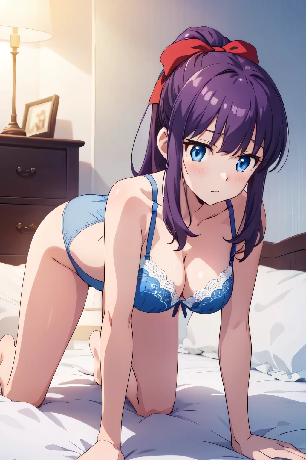 Confused, High resolution, (Official Art, beautiful), Very detailed, takimoto hifumi, Long Hair, blue eyes, ponytail, Purple Hair, Hair Ribbon, Blue Bra,Blue panties, Embarrassing, Luminous effect, On all fours on the bed, look at me