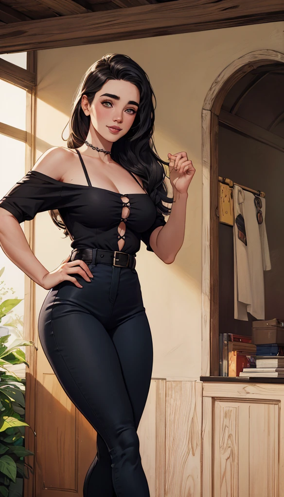 one mid 40s milf who is nerdy and wearing jeans and a fully buttoned up dress shirt and glasses and another mid 20s milf who is slutty and wearing lingerie and high heels and posing seductively towards the viewer and standing on one leg