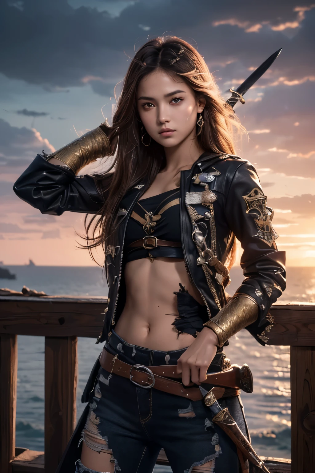 (Ultra quality:1.2), (Ultra detailed:1.2), (Ultra detailed clothes:1.2), (Ultra detailed face:1.2), (Ultra detailed eyes:1.2), (Ultra detailed body:1.2), (Ultra detailed weapons:1.2), young pirate girls, standing on the deck, torn clothes, different hair colors, sword fights, battlefield in the background, fire in the background, night, epic light, dramatic sky