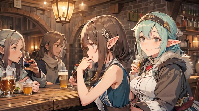In the style of "Is It Wrong to Try to Pick Up Girls in a Dungeon?", a young-looking elf woman in her 40s is peacefully napping in a tavern. There are a few people around, and they are toasting with beer mugs. She is holding a beer mug while talking to a few people with a gentle smile.