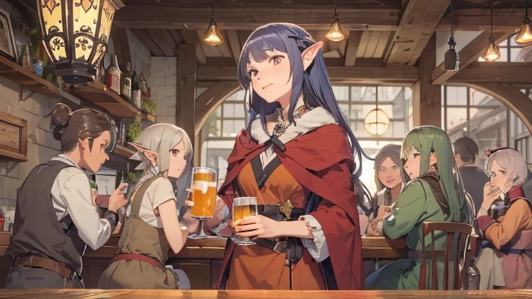 In the style of "Is It Wrong to Try to Pick Up Girls in a Dungeon?", a young-looking elf woman in her 40s is peacefully napping in a tavern. There are a few people around, and they are toasting with beer mugs.  She is holding a beer mug while talking to a few people with a gentle smile.