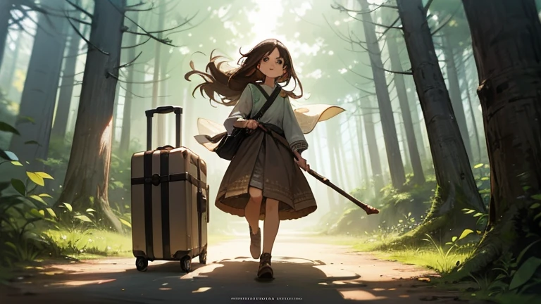 Elf Girl, Long brown hair, Brown eyes, freckles, Brown clothes in the forest, whole body, Her entire body is depicted, and she is feeling the wind. She is carrying a staff and luggage. She is on a journey.
