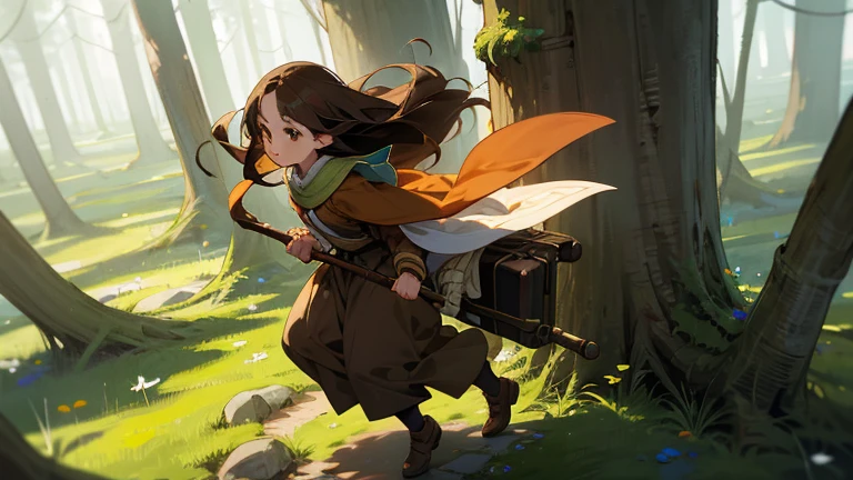 Elf Girl, Long brown hair, Brown eyes, freckles, Brown clothes in the forest, whole body, Her entire body is depicted, and she is feeling the wind. She is carrying a staff and luggage. She is on a journey.