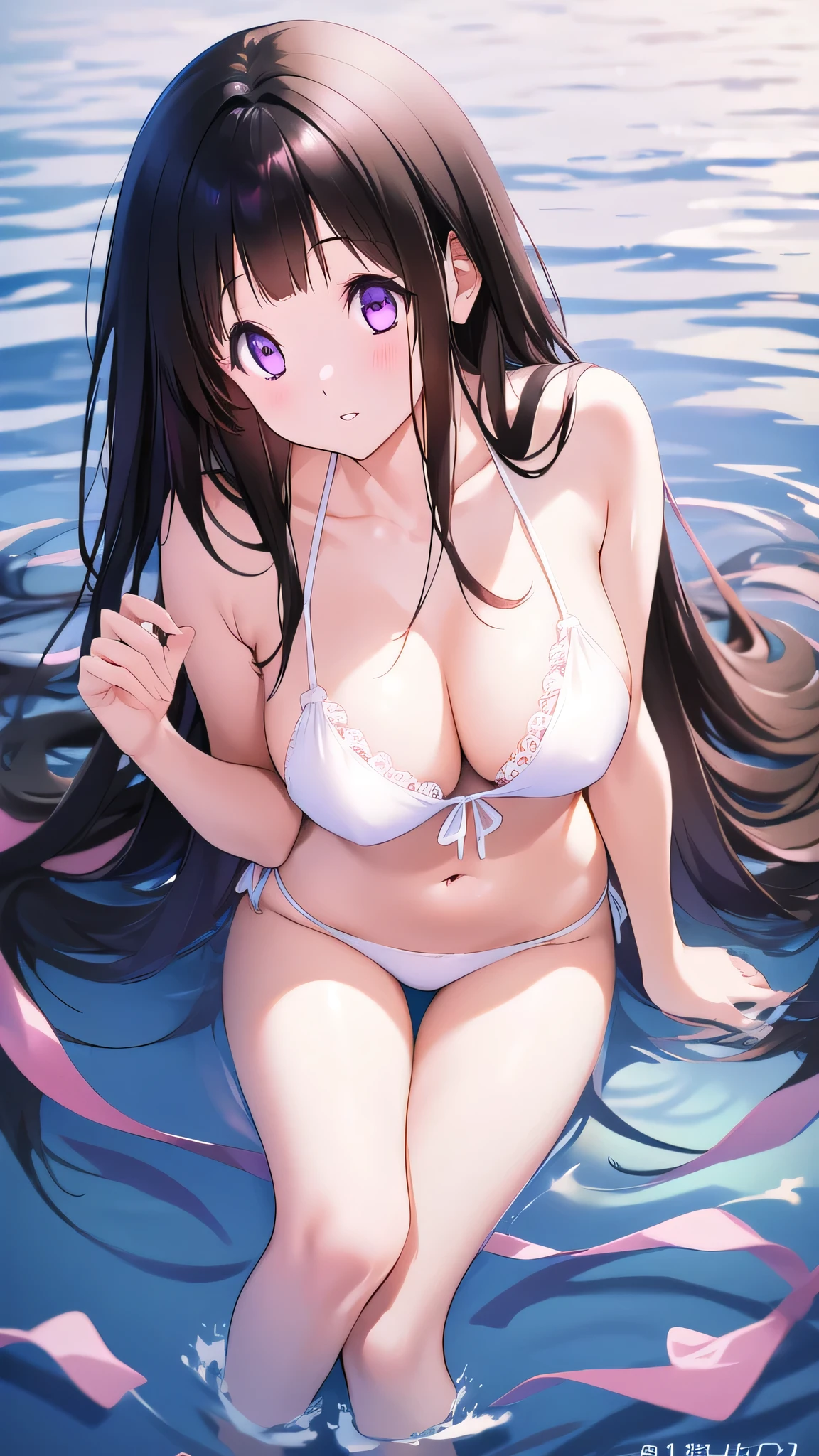 Beautiful Chitanda,There is only one beautiful girl,Purple Eyes, Black Hair, Natural straight hair, Straight bangs,Extremely refined,open your lips,Face is so red,Very white skin,Skin as delicate as porcelain,Glowing skin,big eyes,Flowing long hair,beautiful girl, Like a dream,Slim,Slim waist,Soft, (Sensual), (Kawaii), Dream quality,By the pool,White bikini,The body is soaked,Side body,very close,Deep V neckline,Loose neckline,Beautiful big breasts,No pants,Delicate clavicle,Delicate hands and feet,Bend your body,bend over,Bare neck,There is no decoration on the neck,Bare thighs,Exposing the groin,Camel toe,extremely shy,Ultra-high resolution, (masterpiece:1.2, best quality), (Delicate and beautiful eyes: 1.2), (Beautiful and delicate face)