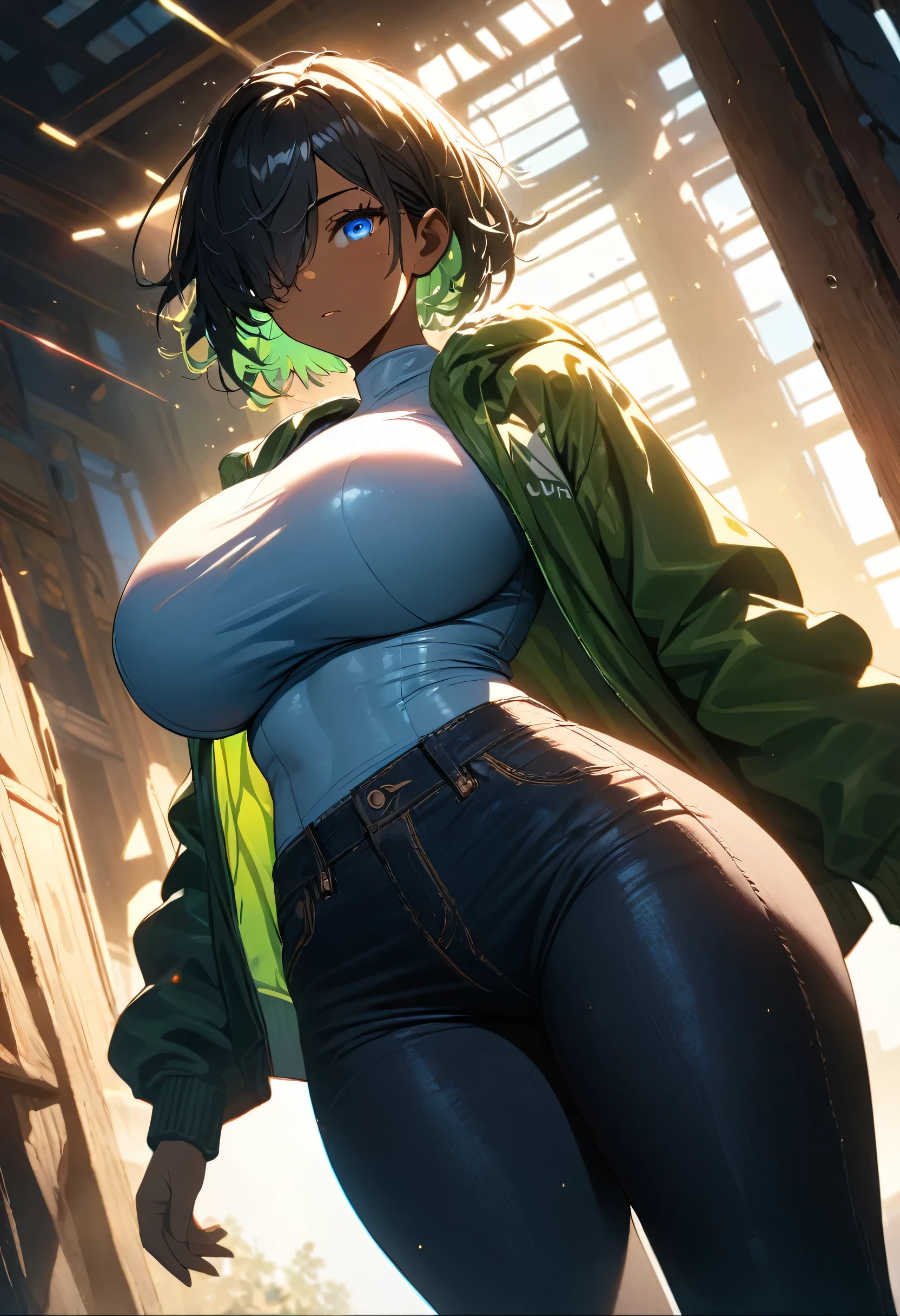 1girl,(Tomboy:1.5),(Tall girl:1.5),(Gigantic breasts:1.5),(Dark skin:1.5),(Open hooded jacket:1.5),(Compression shirt:1.5),(Denim leggings:1.5),(Very short hair:1.5),(Messy hair:1.5),(Black hair:1.5),(Green inner hair:1.5),(Hair over one eye:1.5),(Glowing blue eyes:1.5),(Black eyelids:1.5),(Black eyeshadow:1.5),(Expressionless:1.5),(Blue sky:1.5),(Outdoor:1.5),(Dynamic angle:1.5),(Fullbody:1.5),Gigantic ass,Thick thighs,Wet,Steaming,Oiled,Sweat,Glowing,Sunlight,Wide shot,(8k:1.5),(UHD:1.5),(Top-quality:1.5),(Ultra high definition 8K illustration wallpaper:1.5),(Super high resolution:1.5),(Masterpiece:1.5),(Highres:1.5),(Hyper detail:1.5),(Detailed lighting:1.5),(Shaders:1.5),(Highly detailed 2D illustration:1.5),(An extremely delicate and beautiful:1.5),(Cinematic angle:1.5),(Dynamic angle:1.5),(Cinematic light:1.5),(Dramatic light:1.5),(Extreme detailed:1.5),(Highest detailed:1.5),(Noise clear:1.5),(Cowboy shot:1.5)