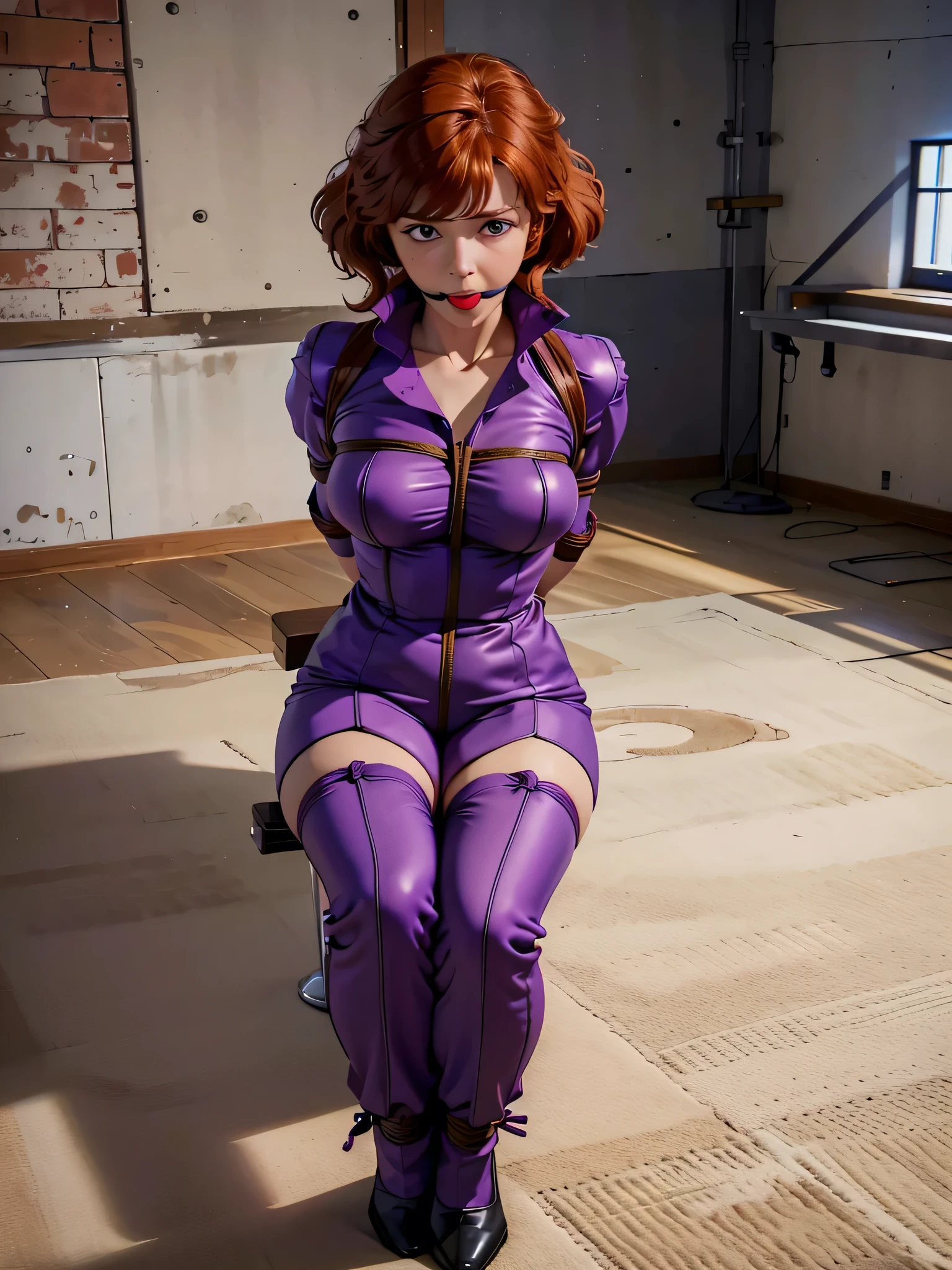 Arms behind back, (bound arms, restrained, (rope), tied up), (purple jumpsuit), embarrased, blush, April O'Neil, Chestnut hair, best quality, high-res, masterpiece, 8k, (mature, woman), solo, 1 girl, (full red lips), gagged with ballgag, factory, night setting, sit on chair, legs tied against the chair. 