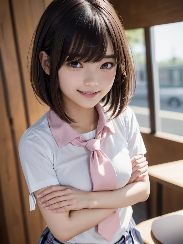 8K, highest quality, The real picture, Intricate details, Very detailed, Ultra-high resolution, Depth Field,(Realistic,Realistic:1.2),Tabletop , (Full Body Shot) , From the middle , 1 girl, eye_Chan, Very beautiful 17 year old girl, innocent big eyes,、Beautiful breasts:1.5、非常に詳細なeye:1.2)、(Beautiful breasts:1.1)、((Brown Hair))、(Short Bob Hair), Asymmetrical bangs, Perfect Skin, Fair skin, Small breasts, Tight waist, alone, Staring at the audience, (smile)、((School_uniform), (White shirt、Wear a tie), (Blue and pink checkered pleated micro mini skirt), (((Fold your arms in front of your chest and act arrogantly))), ((楽しそうなsmile)), ((Perfect hand shape))
