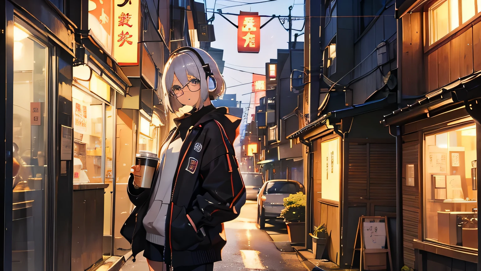 At night in Japan's electric town, a beautiful girl with short silver bobbed hair is leaning against a wall, listening to music through large headphones. She is dressed casually and wears round glasses. In one hand, she holds a can of coffee, looking relaxed.





