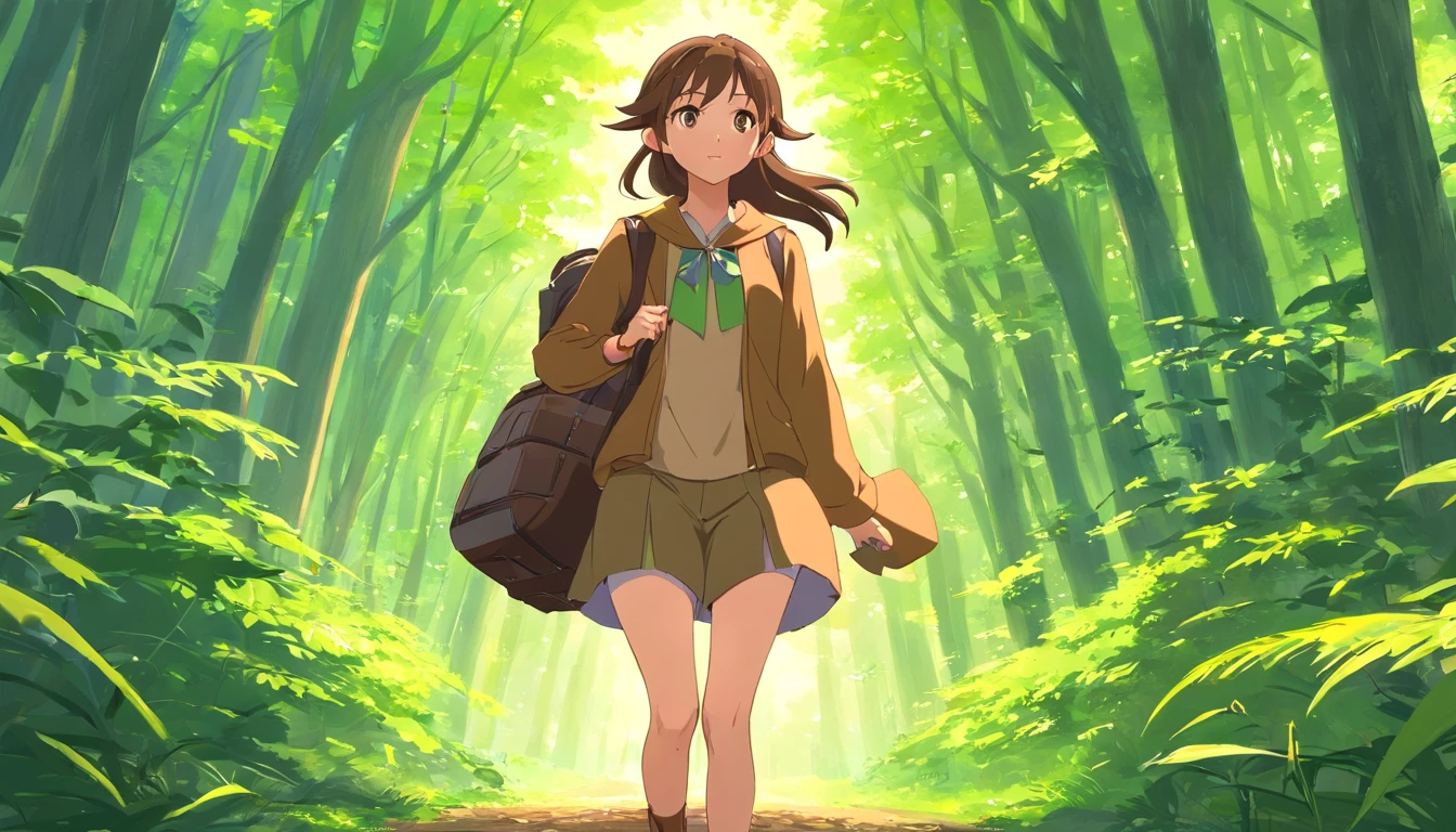 Elf Girl, Long brown hair, Brown eyes, freckles, Brown clothes in the forest, whole body, Her entire body is depicted, and she is feeling the wind. She is carrying a staff and luggage. She is on a journey.