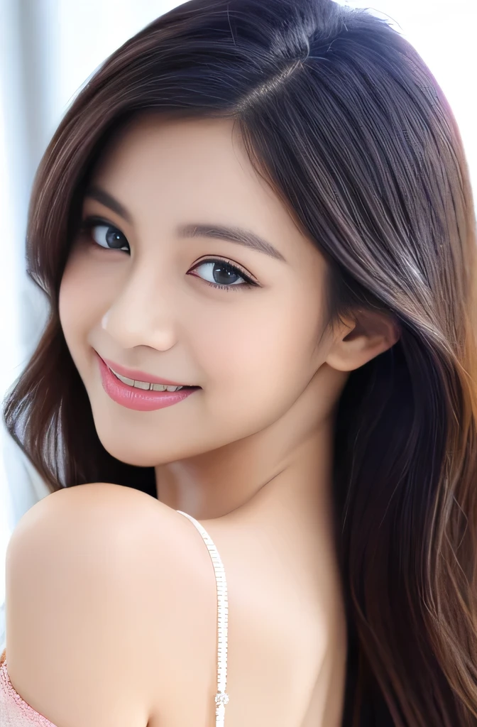 Beautiful woman with perfect eyes and nose、Model-like beauty、Cute like a model、Double Eyes、How to use regular mascara、Eye color is blue、Her hair color is pink.、Her face is delicate and elegant.、4K images、Beautiful style like a model、Usually large、A fresh and lovely smile、Pose like a model、Overall image、snap shot、Glamouroid Smile、Beautiful and delicate face like a model、highest quality、Masseter muscle area、Beautiful smile、In a bright room、I&#39;She is sitting on the bed wearing a pink mini skirt.、The best of femininity、Adult smile、Sexy pose、