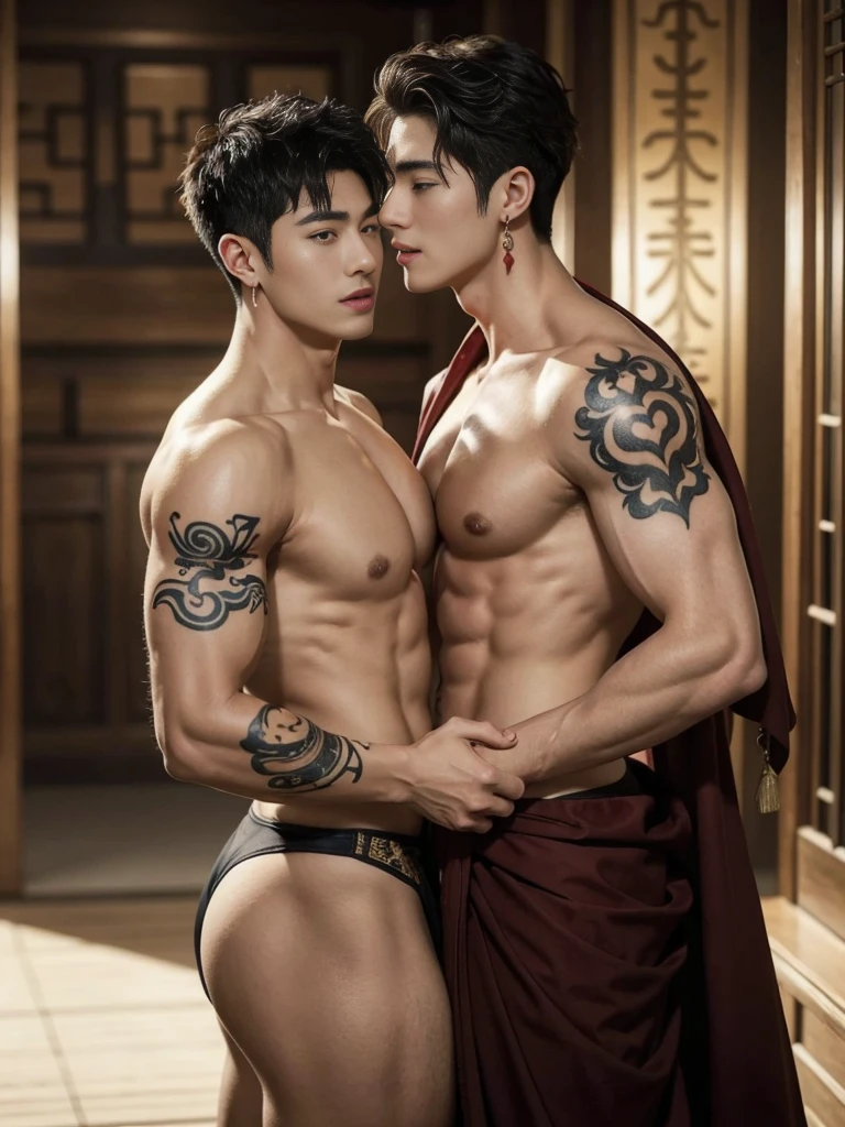 Two handsome boys kissing, smiling at each other, catching eyes ,hugging, kissing, touching lips, cuddle, romantic,skin ship, Chinese Men God, Mythology, both wearing sexy bikini, realistic, Chinese odyssy, super Handsome,manly, kpop idol, handsome korean actor, 20 years old,, detailed face, manly jawline, manly chin, detailed mess curly styling hair, Topless, Muscles, big chest Athlete body, Full Frame,full body shoots, Sexy, realistic, human skin, tattoo breast, Professional studio Lighting, jade and golden pendent all over , detailed jewery in dress, earings,Chinese ancient temple Background,out door, super detailed background,look at camera , open mouth, Underwear, tibet Warrior, Hanfu red wedding dress, tibet Male, tibet Nobel, Seduce , bare chest , tattoo chest, tattoo arms, tattoo hands, tattoo back, tattoo legs , detailed tattoos, big juicy butts, bare butts